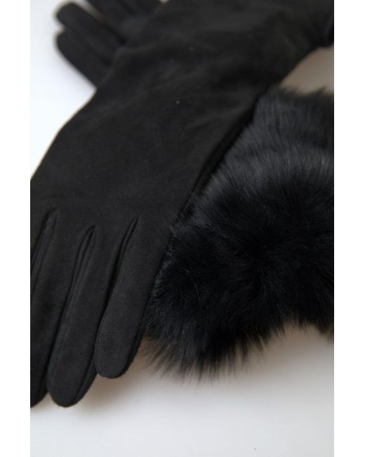 Dolce & Gabbana Black Leather Fur Elbow Length Gloves for men