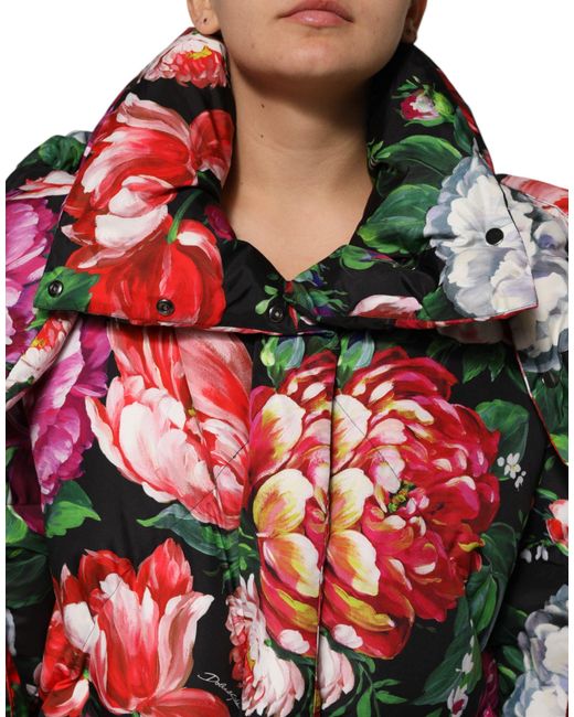 Dolce & Gabbana Red Multicolor Floral Hooded Puffer Coat Jacket