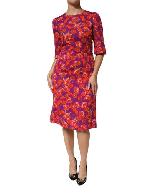 Dolce & Gabbana Red Silk Floral Print Midi Sheath Dress