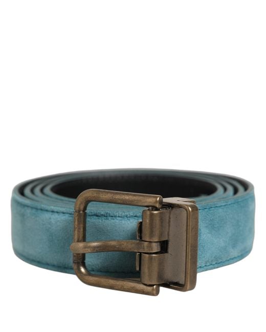Dolce & Gabbana Gray Men Blue Suede Gold Tone Metal Buckle Belt for men