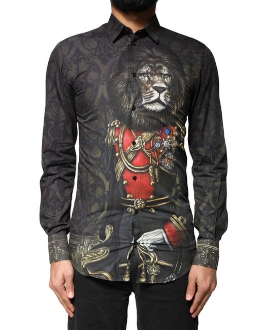 Dolce & Gabbana Black Royal Pet Portrait Gold Dress Shirt for men