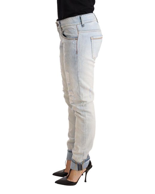 Acht White Light Blue Distressed Cotton Folded Hem Denim Trouser Jeans