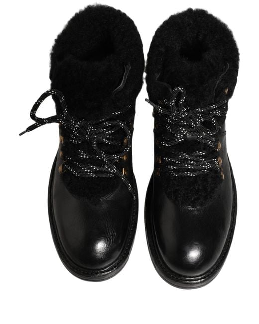Dolce & Gabbana Black Trekking Fur Lace Leather Boots Shoes for men