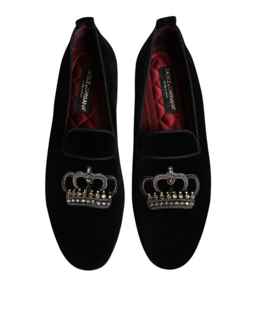 Dolce & Gabbana Black Velvet Crystal Crown Loafers Shoes for men
