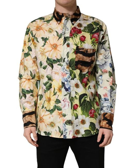 Dolce & Gabbana Metallic Multicolor Floral Animal Print Collared Shirt for men