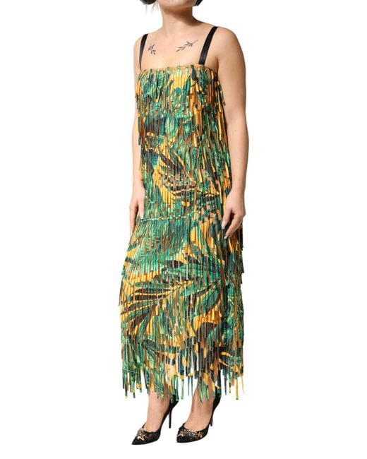 Dolce & Gabbana Green Multicolor Tropical Print Fringe Maxi Dress