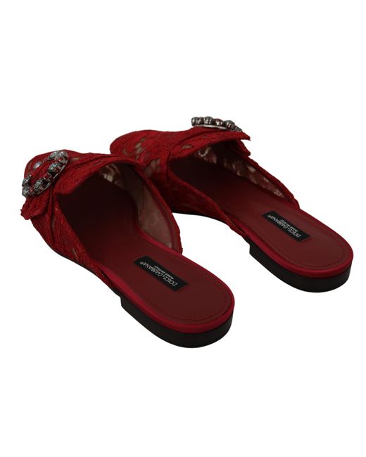 Dolce & Gabbana Red Lace Crystal Slide On Flats Shoes