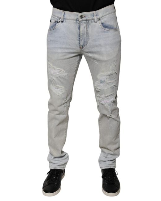 Dolce & Gabbana Gray Cotton Blend Tattered Skinny Denim Jeans for men