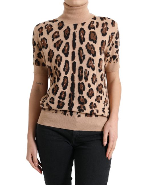 Dolce & Gabbana Black Beige Leopard Print Wool Turtleneck Top
