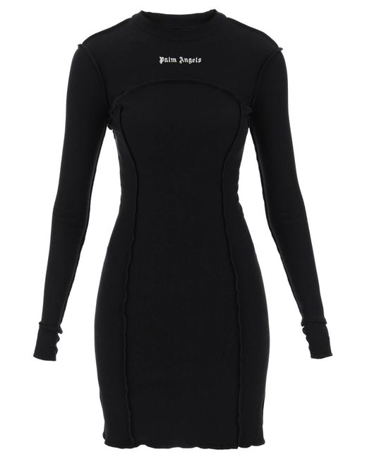 Palm Angels Black Long-sleeved Mini Dress In Ribbed Jersey