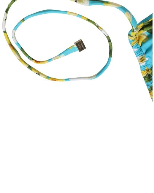 Dolce & Gabbana Blue Floral Print Nylon Halter Bikini Top Swimwear