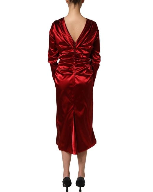 Dolce & Gabbana Red Silk Satin Draped Midi Floral Applique Dress