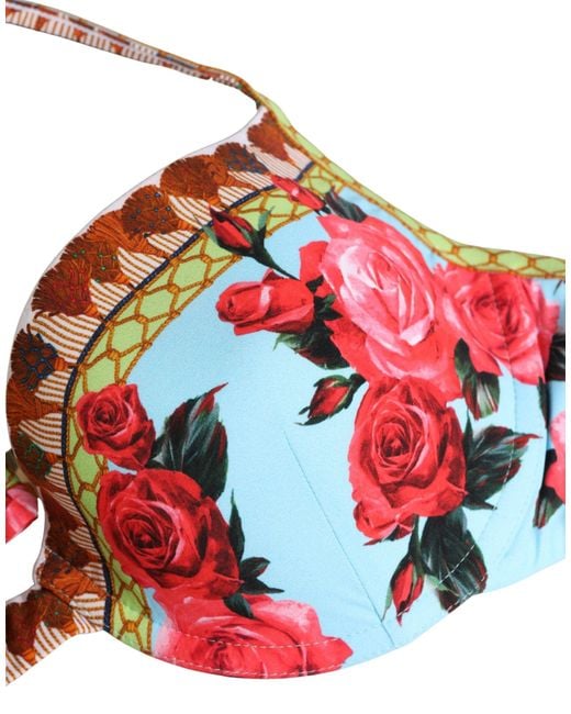 Dolce & Gabbana Red Multicolor Floral Print Halter Bikini Top Swimwear
