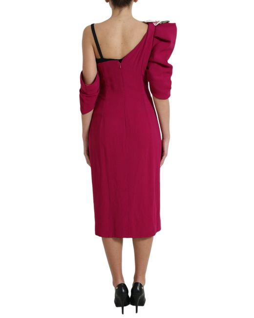 Dolce & Gabbana Red Purple Flower Embellished One Shoulder Dress