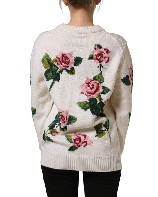 Dolce & Gabbana Black White Wool Floral Crew Neck Pullover Sweater