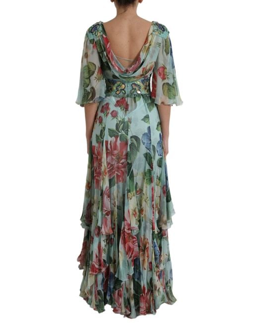 Dolce & Gabbana Green Floral Print Tiered Long Maxi Dress