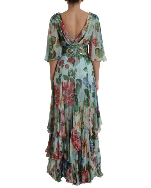 Dolce & Gabbana Green Blue Floral Print Tiered Long Maxi Dress