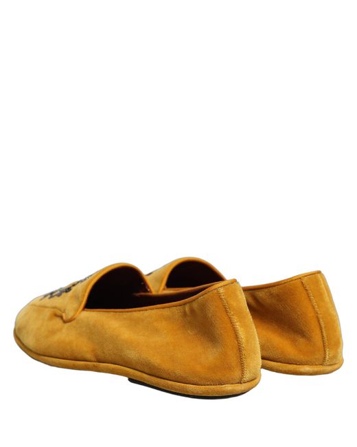 Dolce & Gabbana Brown Yellow Velvet Crown Embroidery Loafers Shoes for men