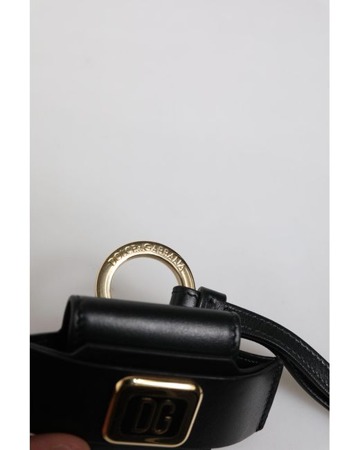 Dolce & Gabbana Black Leather Strap Metal Logo Plaque Airpods Case for men