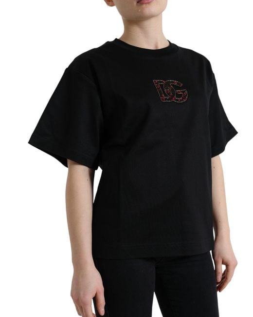 Dolce & Gabbana Black Cotton Dg Crystal Crewneck Tee T-Shirt