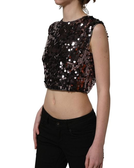 Dolce & Gabbana Black Sequined Sleeveless Cropped Tank Top Nylon