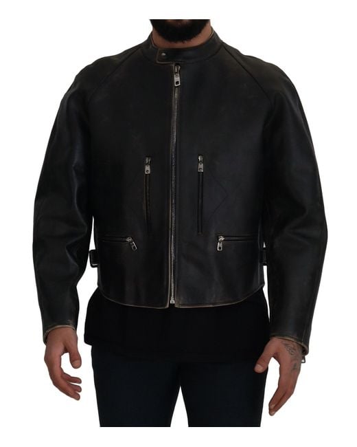Dolce & Gabbana Black Elegant Leather Jacket With Details for men