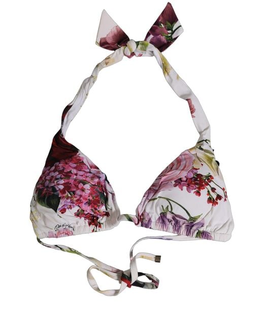 Dolce & Gabbana Gray White Floral Print Triangle Beachwear Bikini Top