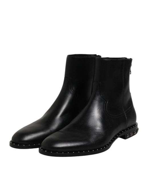 Dolce & Gabbana Black Leather Logo Ankle Boots Studded Shoes for men