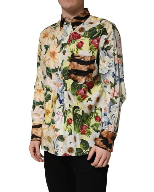Dolce & Gabbana Metallic Multicolor Floral Animal Print Collared Shirt for men