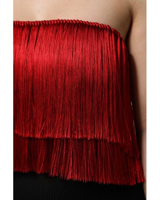 Dolce & Gabbana Red Silk Strapless Fringe Crop Tube Top for men