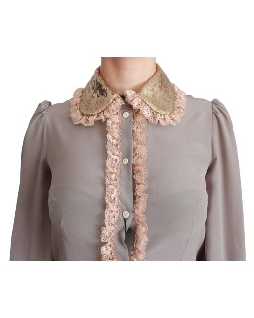 Dolce & Gabbana Brown Silk Gold Sequin Lace Blouse Shirt