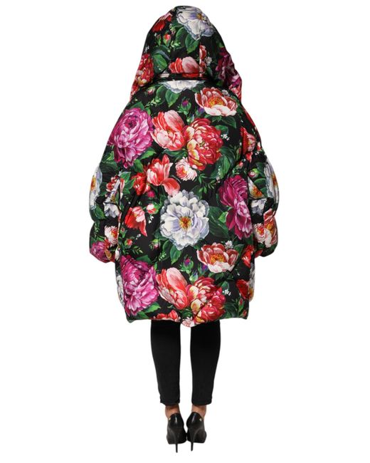 Dolce & Gabbana Red Multicolor Floral Hooded Puffer Coat Jacket
