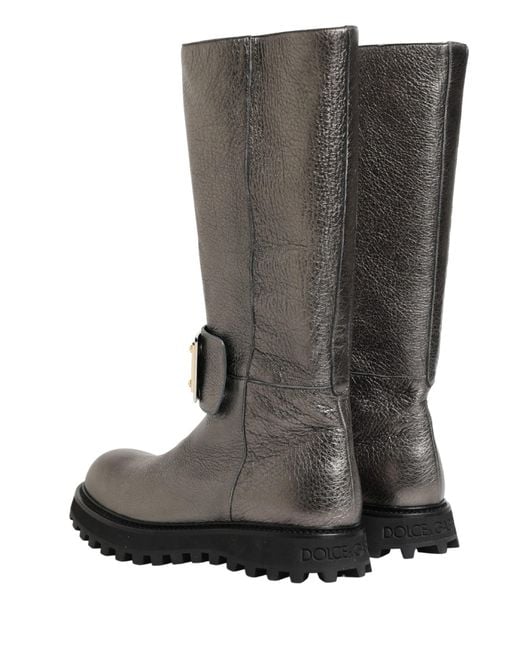Dolce & Gabbana Gray Metallic Silver Leather Mid Calf Boots Shoes for men