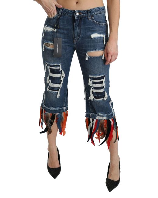 Dolce & Gabbana Dolce Gabbana Blue Feathers Low Waist Cropped Cotton Jeans