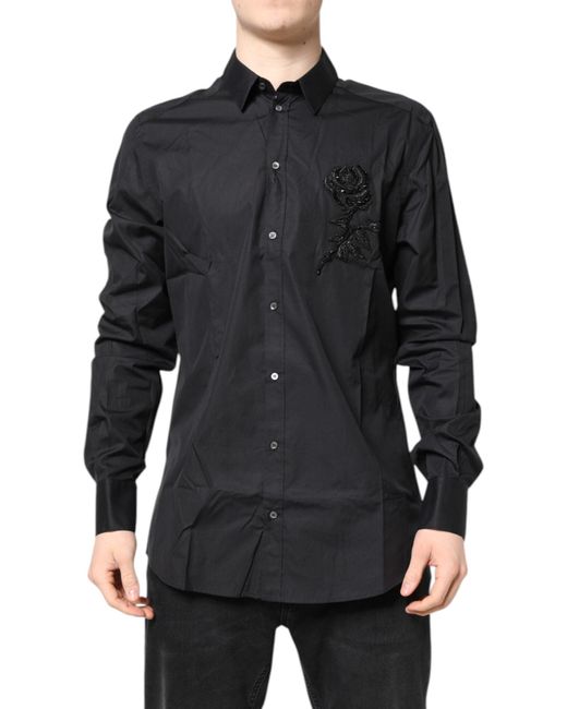 Dolce & Gabbana Black Floral Gold Cotton Dress Formal Shirt for men