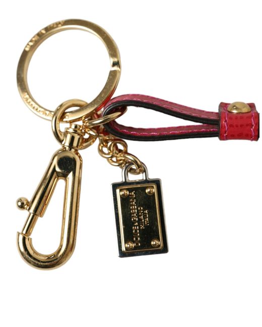Dolce & Gabbana Multicolor Red Calf Leather Gold Metal Logo Plaque Keyring Keychain