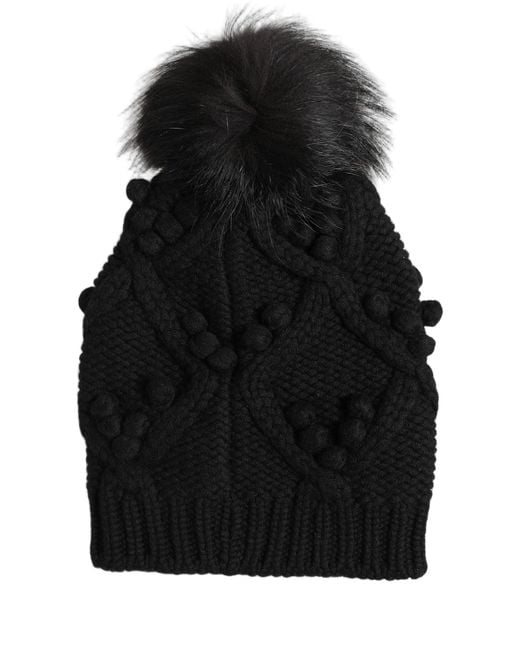 Dolce & Gabbana Black Cashmere Twisted Knit Pompom Hat
