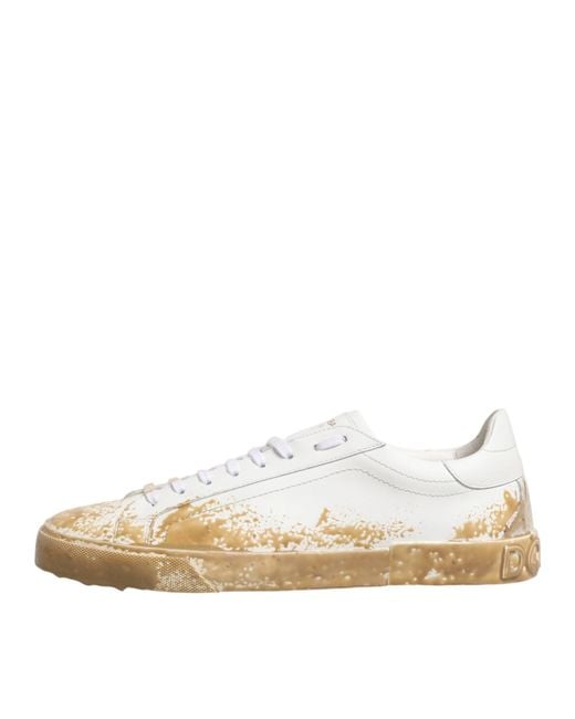 Dolce & Gabbana White Leather Paint Effect Low Top Sneakers Shoes for men