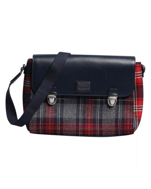 Dolce & Gabbana Blue Multicolor Plaid Wool Calfskin Tartan Satchel Bag for men