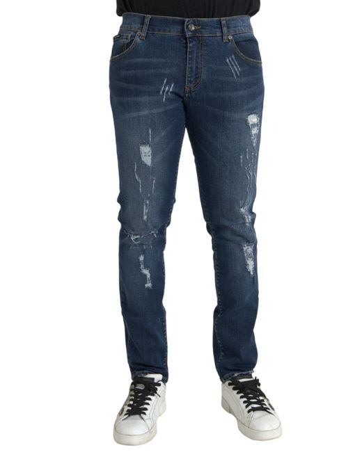 Dolce & Gabbana Blue Distressed Cotton Skinny Denim Jeans for men