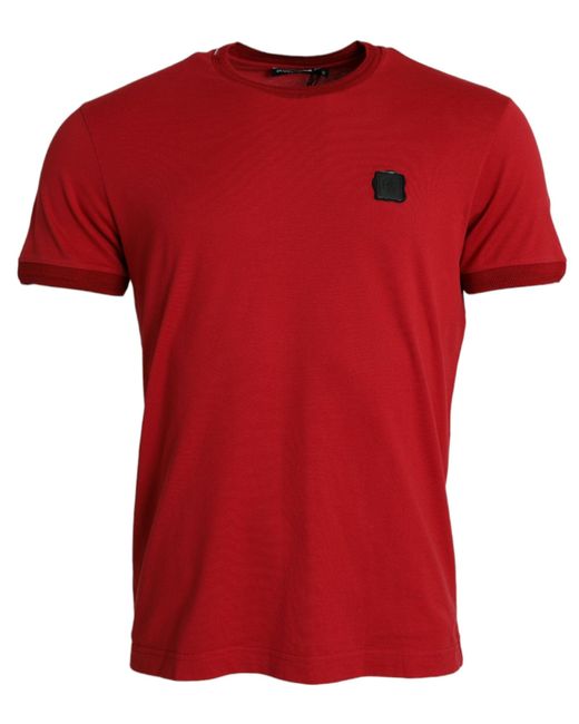 Dolce & Gabbana Red Logo Patch Cotton Crew Neck T-Shirt for men