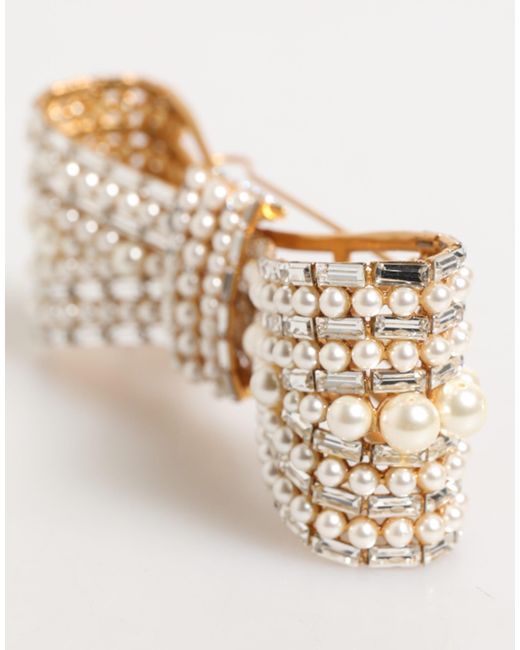 Dolce & Gabbana Natural Brass Glas Crystal Faux Pearl Embellished Brooch