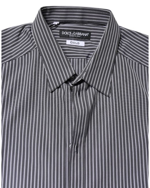 Dolce & Gabbana Gray Black White Striped Gold Formal Dress Shirt for men