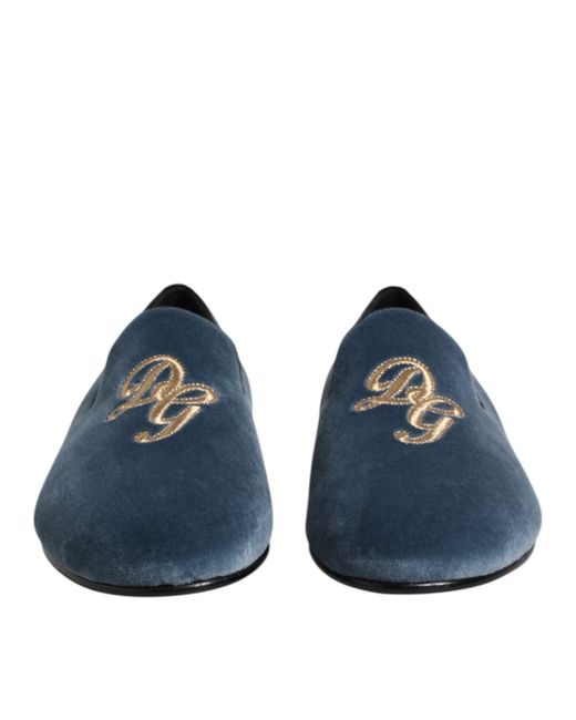 Dolce & Gabbana Blue Velvet Dg Logo Loafers Formal Shoes for men