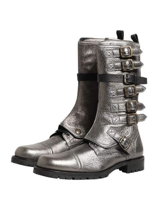 Dolce & Gabbana Black Metallic Silver Combat Biker Mid Calf Boots Shoes for men