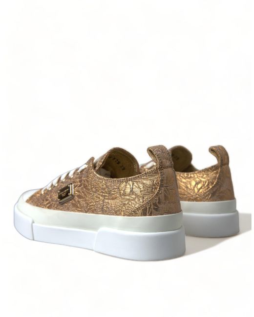 Dolce & Gabbana Brown Gold White Brocade Low Top Sneakers Shoes