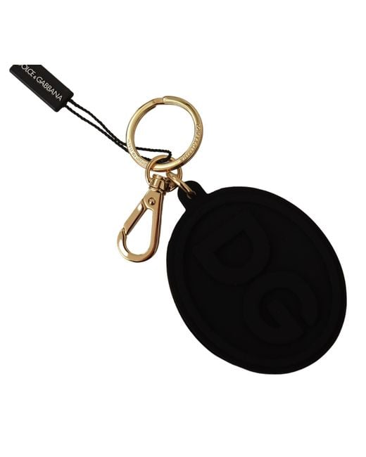 Dolce & Gabbana Black Rubber Dg Logo Gold Brass Metal Keyring Keychain for men