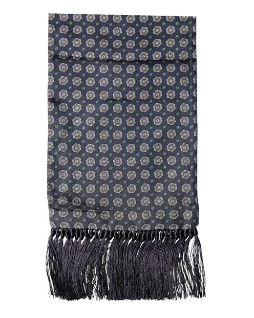Dolce & Gabbana Blue Patterned Fringes Neck Foulard Scarf for men