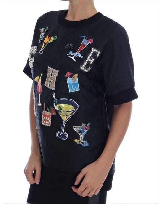 Dolce & Gabbana Blue Brocade Cocktail Crystal Sweater