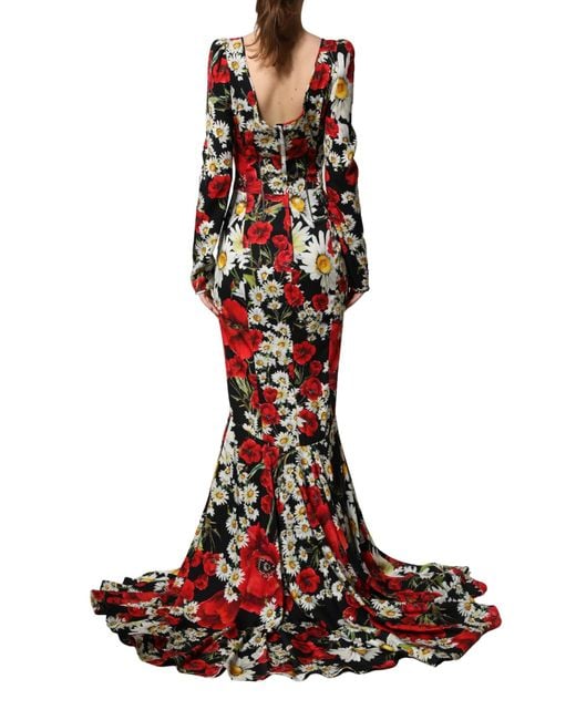 Dolce & Gabbana Red Black Floral Silk Long Sleeves Gown Dress